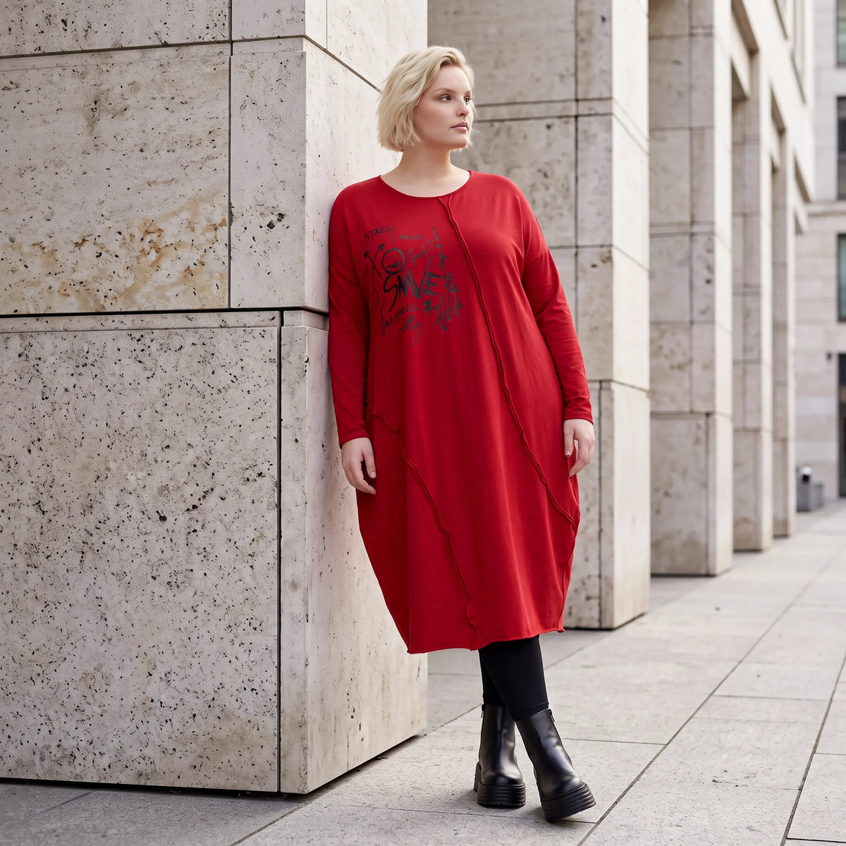Altrotes French Terry Kleid in Ballonform mit Faltennahtmusterung und Seitentaschen