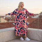 Ballonkleid aus Satin mit floralem Print in Rose/Blau/Pink Rundhals Langarm weit weich