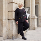 Langarmshirt aus Viskosejersey in Schwarz/Rosa mit geradem Schnitt und Stretchkomfort