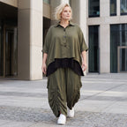 Khaki Lyocellbluse aus weichem Twill mit Hemdkragen gerundetem Schnitt und 3/4-Arm
