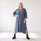 Petrolfarbenes Lyocelltwillkleid in A-Linie mit V-Ausschnitt und 3/4-Arm Seitentaschen