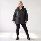 Gefütterte schwarze Kapuzenjacke im Denimlook mit geradem Schnitt warme Winterjacke