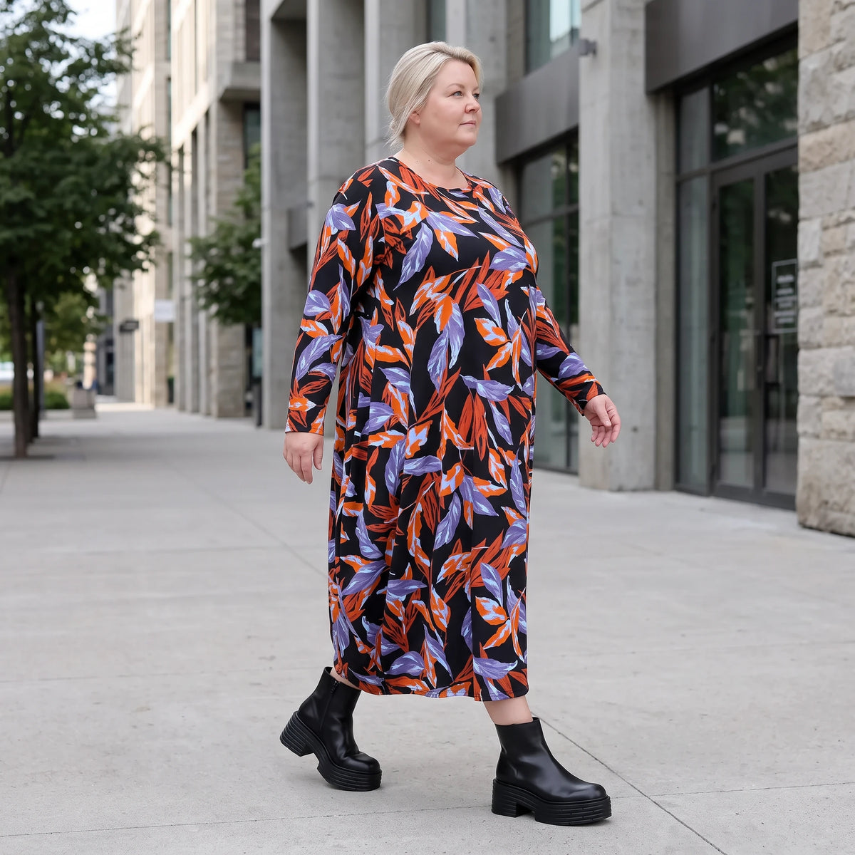Weiches Romanitjerseykleid in Schwarz/Orange mit Ballonform Langarm Rundhalsausschnitt