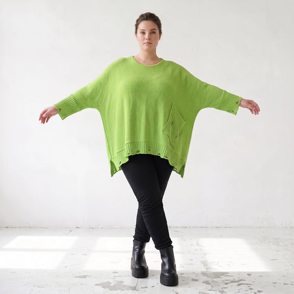 Strickshirt in Matchagrün mit Destroyedlook A-Linie Langarm und aufgesetzten Taschen