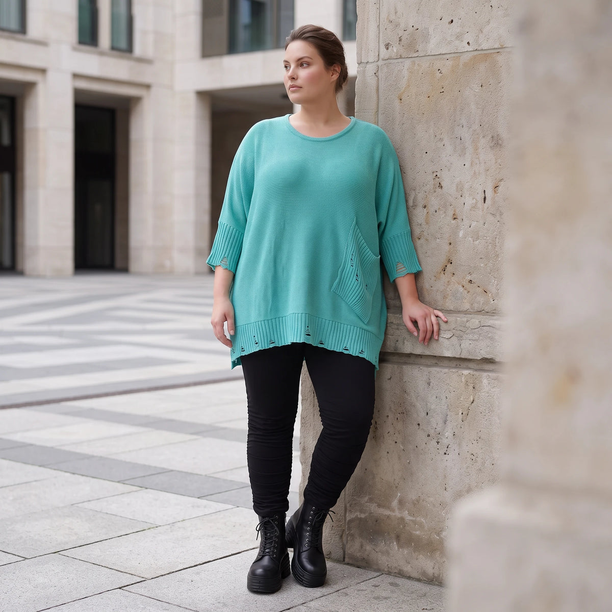 Strickshirt in A-Linie mit Taschen im Destroyed-Look aus Baumwolle mit weichem Stretch