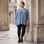Strickpullover in Jeansblau mit Destroyed Optik A-Linie Rundhalsausschnitt Taschen Langarm