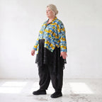 Gelb/Multi Jerseyjacke in A-Linie mit Netzeinsatz Hemdkragen Knopfleiste Zipfelsaum