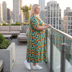 Jerseykleid in Grün/Multi mit Rundhalsausschnitt in Ballonform aus weichem Stretchstoff