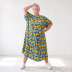 Kleid im Ballonschnitt aus Baumwolljersey mit Gelb/Multi Print und elastischem Komfort