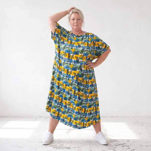 Kleid im Ballonschnitt aus Baumwolljersey mit Gelb/Multi Print und elastischem Komfort