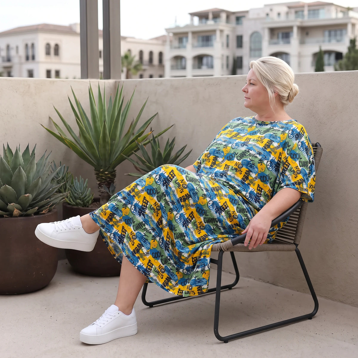 Kleid im Ballonschnitt aus Baumwolljersey mit Gelb/Multi Print und elastischem Komfort