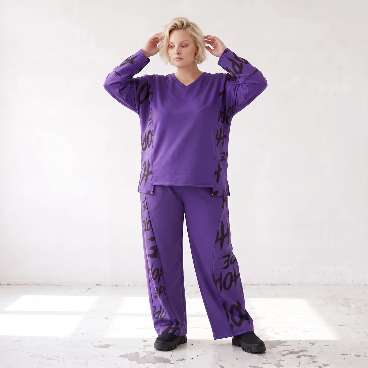Lila Fleece Ballonhose mit Schnürbund und Taschen weiche warme Winterhose in Ballonform