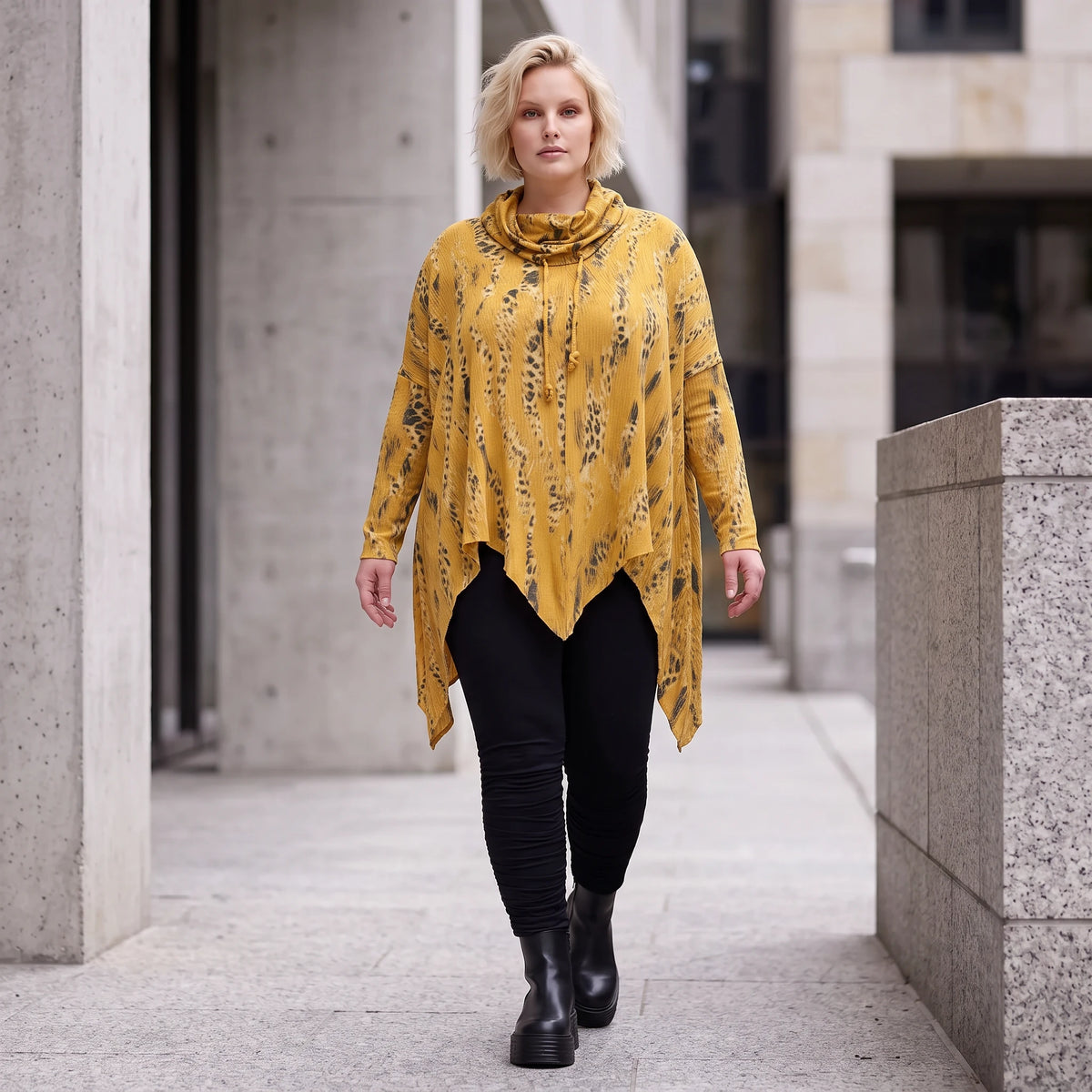 Baumwolljersey Shirt in A-Linie mit Rollkragen Tunnelzug und Zipfelsaum bequem weich