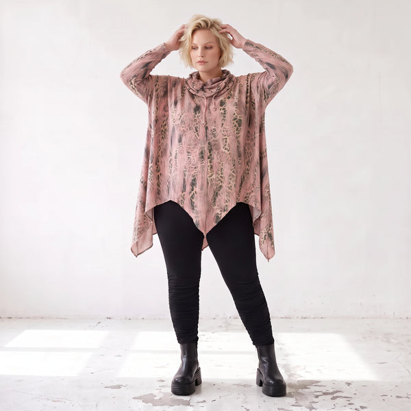 Wintershirt in Rosa/Beige mit Rollkragen Tunnelzug Zipfelsaum und Baumwolle A-Linie