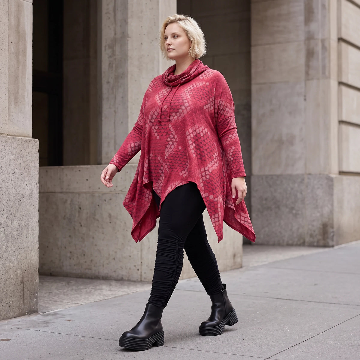Wintershirt in Rot/Schwarz mit Rollkragen Tunnelzug A-Linie aus Baumwolljersey Zipfelsaum