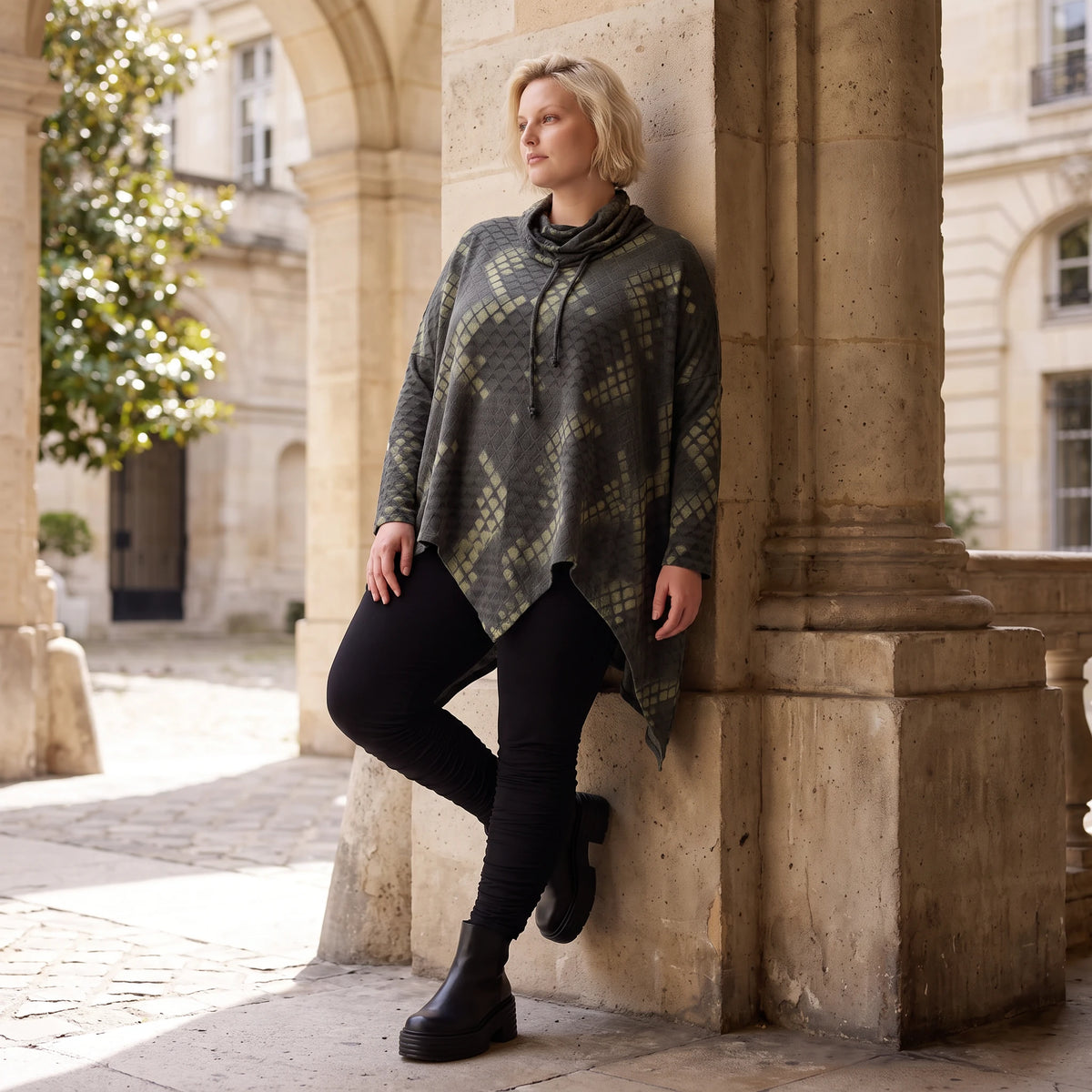 Langarmshirt aus Baumwolle in A-Linie Rollkragen Tunnelzug und asymmetrischem Zipfelsaum