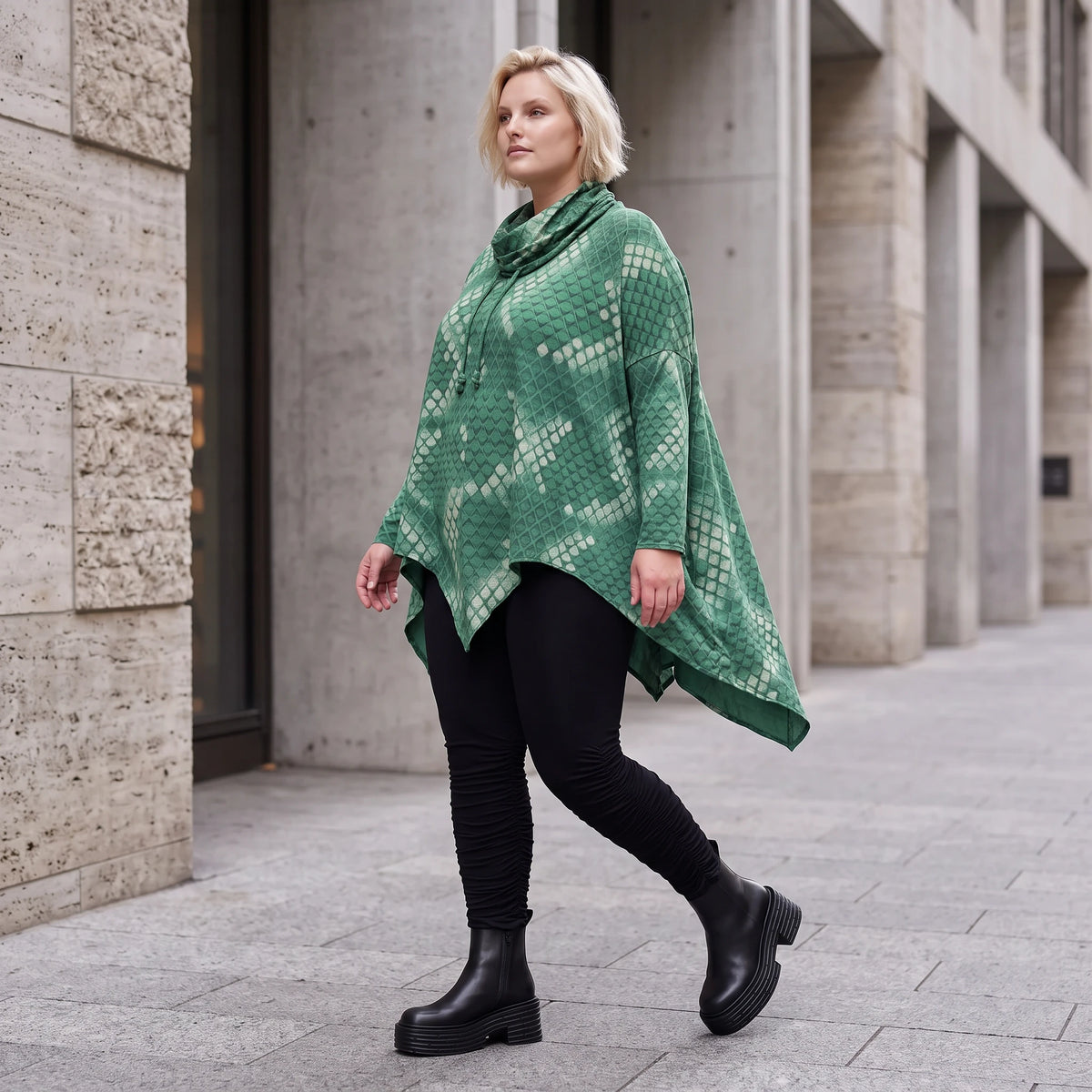 Wintershirt aus weichem Baumwolljersey mit Stretch in A-Linie mit Rollkragen Zipfelsaum