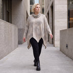 Baumwolljersey Langarmshirt in Beige/Grau mit Rollkragen A-Linie und asymmetrischem Saum