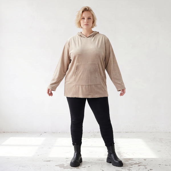 Beiger Ribb Hoodie mit Kapuze geradem Schnitt und Elasthan weiches Basic für den Alltag