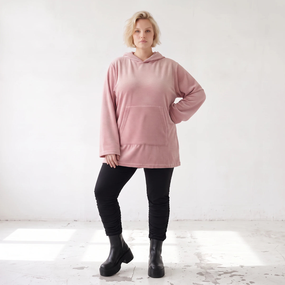 Rosa Ripp Hoodie mit Kapuze Kängurutasche und Stretch mit gerader bequemer Passform