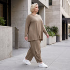Camel Langarmshirt aus weichem Slinkystoff mit Stretch in Glockenform und Rundhals