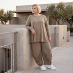 Camel Langarmshirt aus weichem Slinkystoff mit Stretch in Glockenform und Rundhals