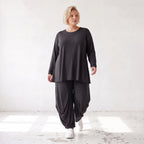 Schwarzes Langarmshirt aus Slinky in Glockenform mit Rundhalsausschnitt elastisch Basic