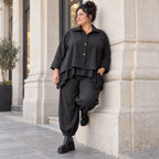 Schwarze Denimballonhose mit Stretch und bequemem Schlupfbund in weiter Passform