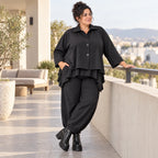 Schwarze Denimballonhose mit Stretch und bequemem Schlupfbund in weiter Passform