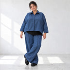 Jeansblaue Ballonhose aus Stretchdenim mit Dehnbund aus Baumwolle und Elasthan Basic