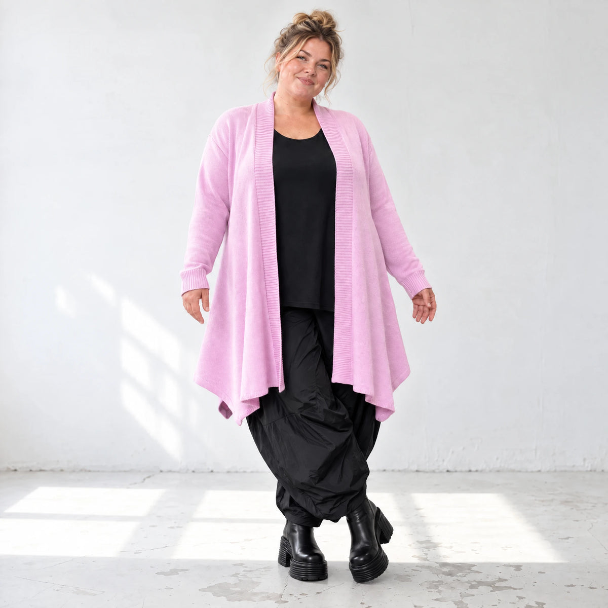 Offener Baumwollstrickcardigan in A-Linie weich warm mit Glockenform ohne Verschluss