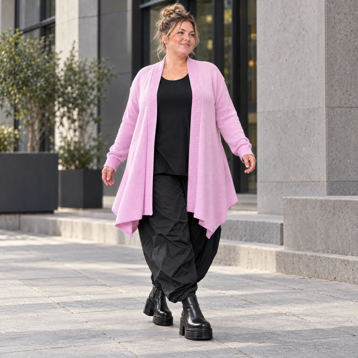 Offener Baumwollstrickcardigan in A-Linie weich warm mit Glockenform ohne Verschluss