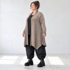 Taupe Strickcardigan in Glockenform mit Stehkragen Seitentaschen Baumwollstretch