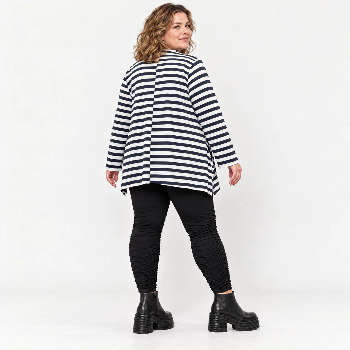 Langarmshirt Dunkelblau/Weiß aus weichem Stretchjersey in A-Linie mit Seitenschlitzen