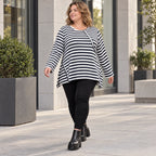 Langarmshirt Dunkelblau/Weiß aus weichem Stretchjersey in A-Linie mit Seitenschlitzen
