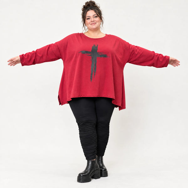 Langarmshirt in Rot mit Rundhalsausschnitt und fließender A-Linie aus Stretchjersey