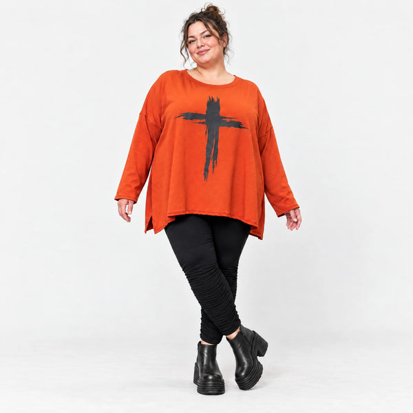 Langarmshirt in leuchtendem Orange aus weichem Stretchjersey aus Italien mit A-Linie
