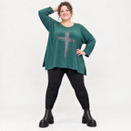 Langarmshirt in Dunkelgrün mit fließender A-Linie aus feinem Stretchjersey für den Winter