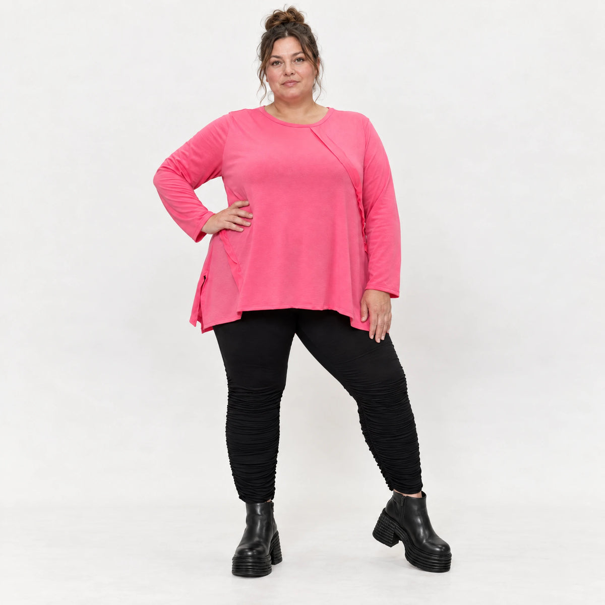 Pinkes Langarmshirt aus weichem Stretchjersey mit Rundhalsausschnitt und lässiger A-Linie