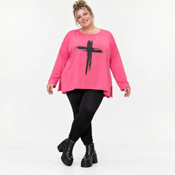 Langarmshirt in Pink aus Baumwolle mit Elasthan und Rundhalsausschnitt in weiter A-Linie