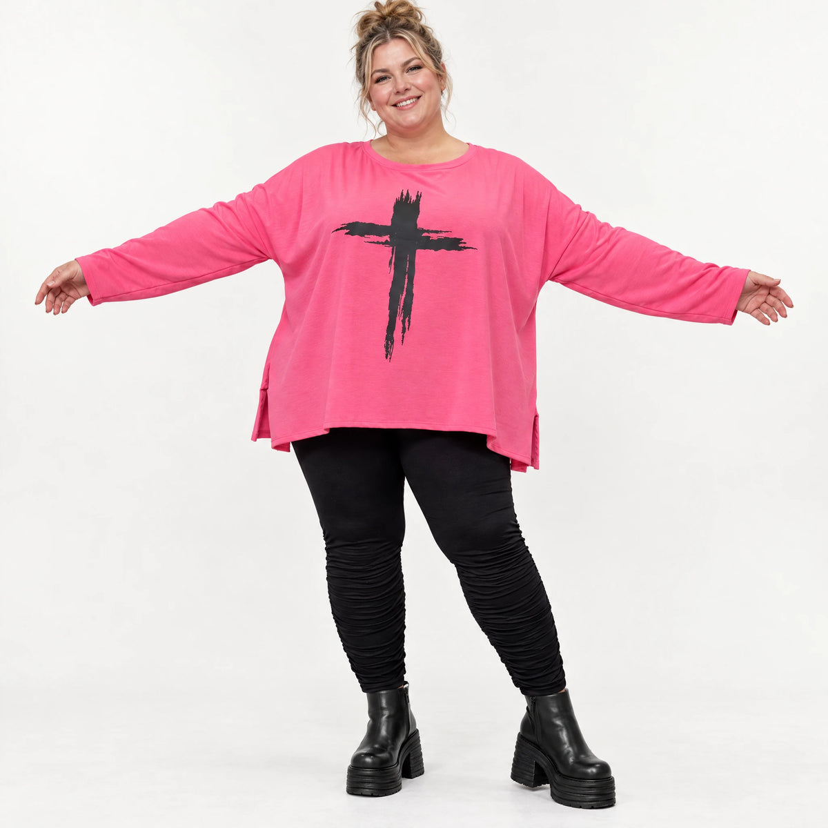 Langarmshirt in Pink aus Baumwolle mit Elasthan und Rundhalsausschnitt in weiter A-Linie
