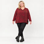 Flauschiger Feinstrickpullover in Rot/Braun mit V-Ausschnitt und kastigem Schnitt