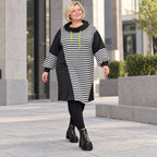 Gestreiftes Winterkleid aus Stretchjersey in Gelb/Schwarz/Weiß mit gerader Schnittform