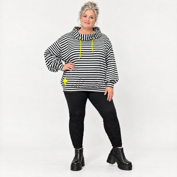 Kapuzenhoody aus Italien in Gelb/Schwarz/Weiß mit Streifendesign aus feinem Stretchjersey