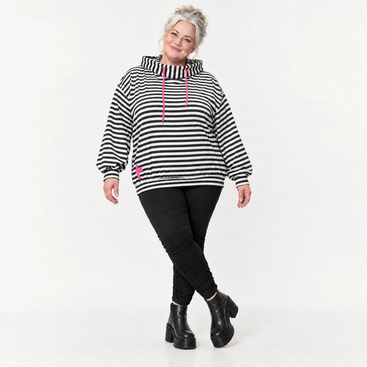 Gestreifter Hoody in Schwarz/Weiß/Pink aus weichem Stretchjersey mit Kapuze ungefüttert