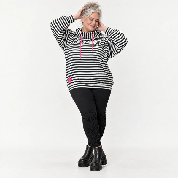 Gestreifter Hoody in Schwarz/Weiß/Pink aus weichem Stretchjersey mit Kapuze ungefüttert