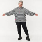 Gestreifter Hoody in Schwarz/Weiß/Pink aus weichem Stretchjersey mit Kapuze ungefüttert