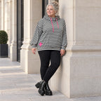 Gestreifter Hoody in Schwarz/Weiß/Pink aus weichem Stretchjersey mit Kapuze ungefüttert