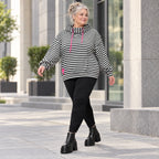 Gestreifter Hoody in Schwarz/Weiß/Pink aus weichem Stretchjersey mit Kapuze ungefüttert
