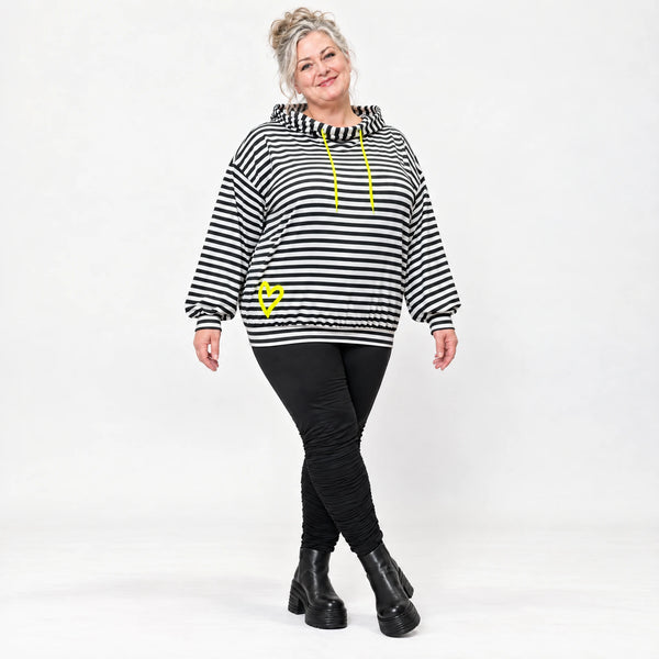 Hoody in Gelb/Schwarz/Weiß aus weichem Stretchjersey mit gerafften Ärmeln und Tunnelzug